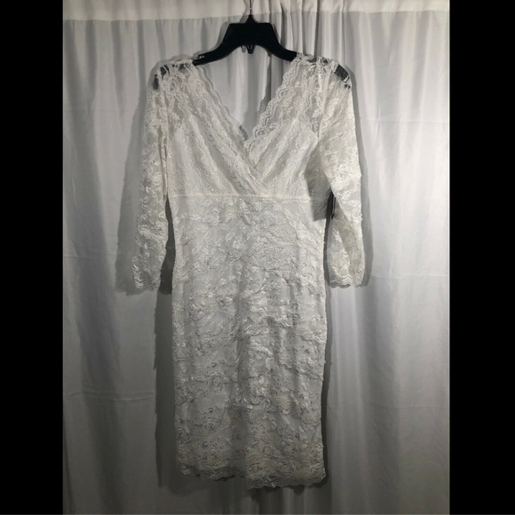 NWT $149 Marina‎ 3/4 Sleeve Tiered Sequin Lace Dress in Ivory [SZ 8 ] - Picture 3 of 8